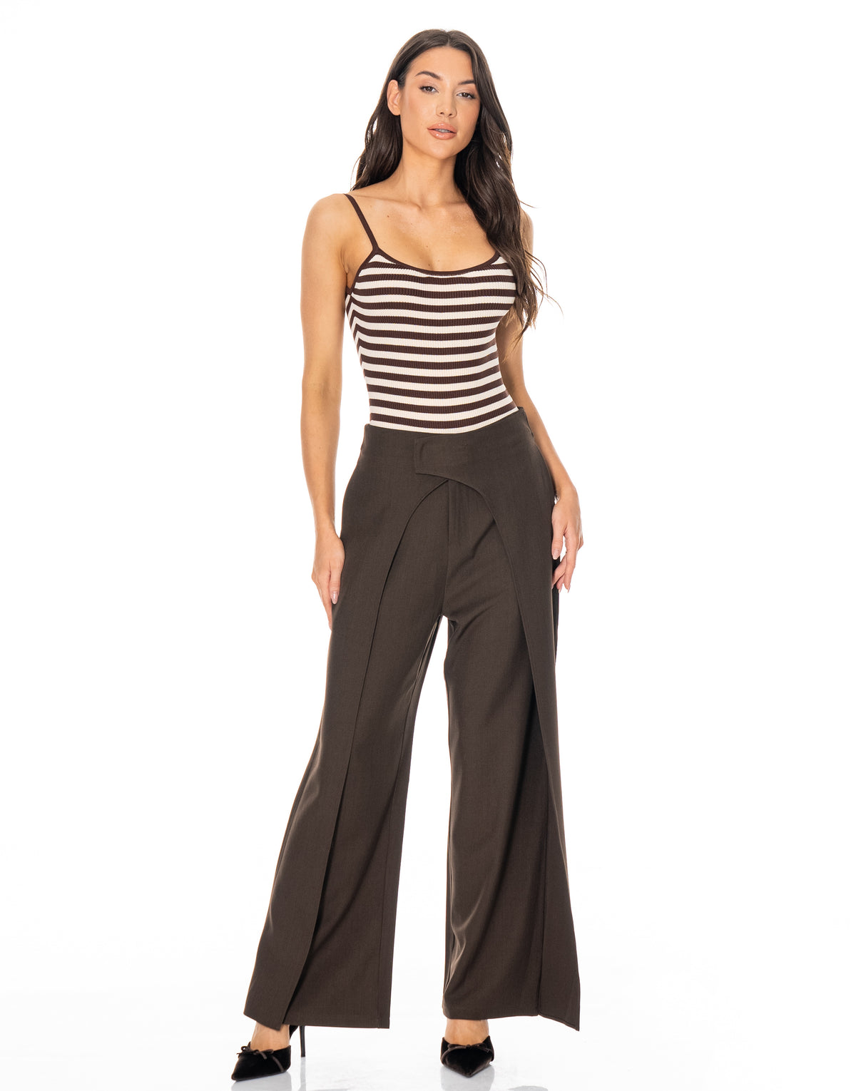 High Waist Wrap Front Wide Leg Trousers - Brown