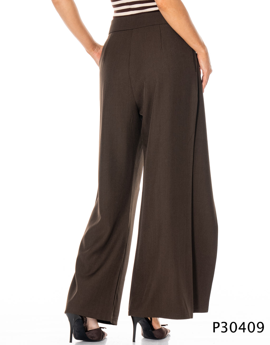 High Waist Wrap Front Wide Leg Trousers - Brown