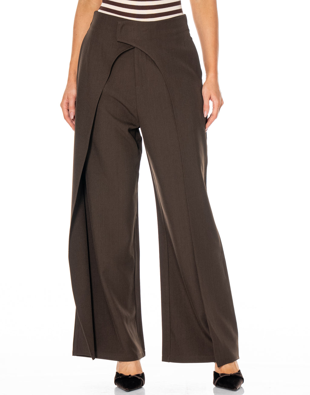 High Waist Wrap Front Wide Leg Trousers - Brown
