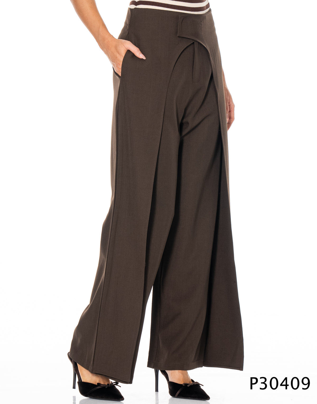 High Waist Wrap Front Wide Leg Trousers - Brown
