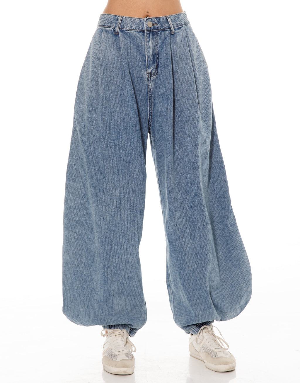 Pinstripe Denim Balloon Pants - Light Blue