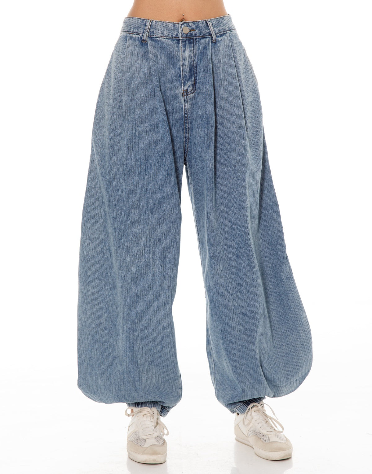 Pinstripe Denim Balloon Pants - Light Blue