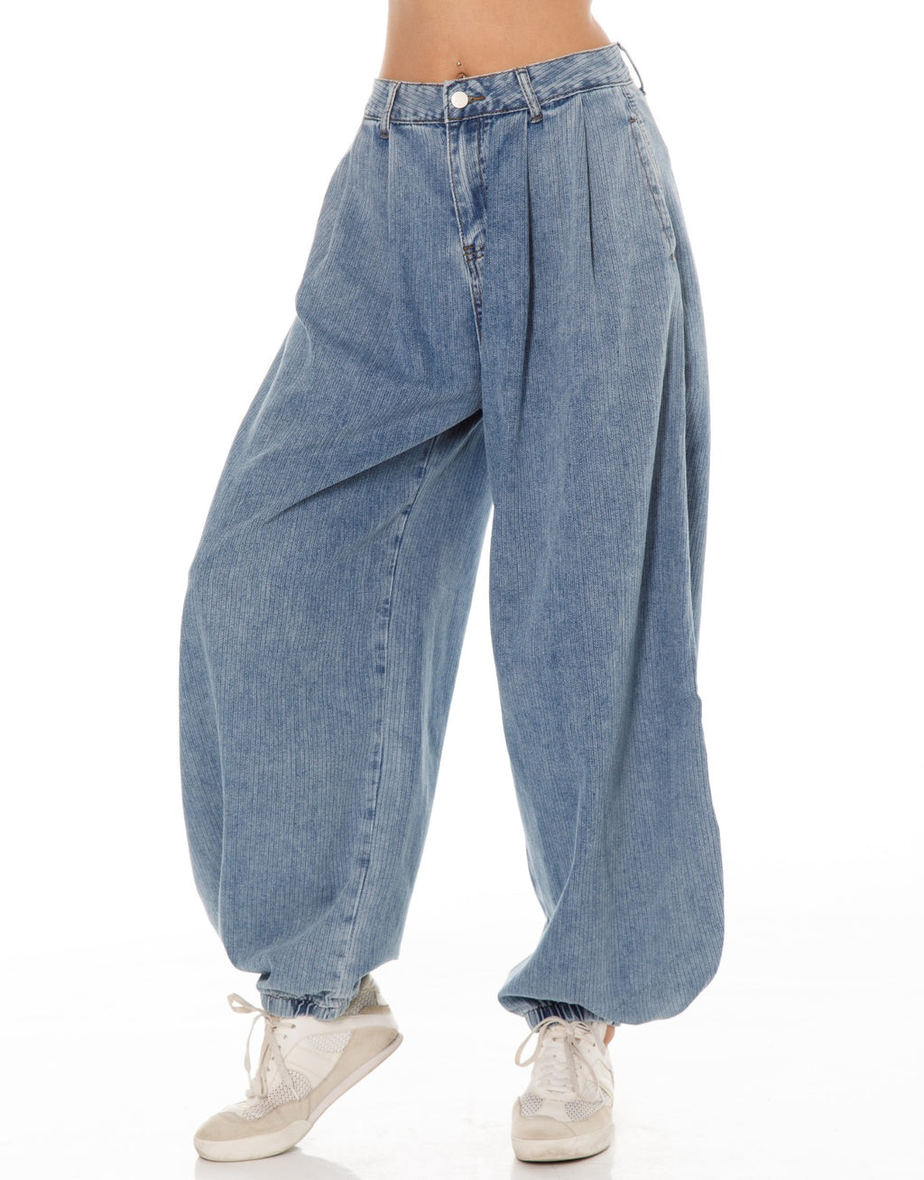 Pinstripe Denim Balloon Pants - Light Blue