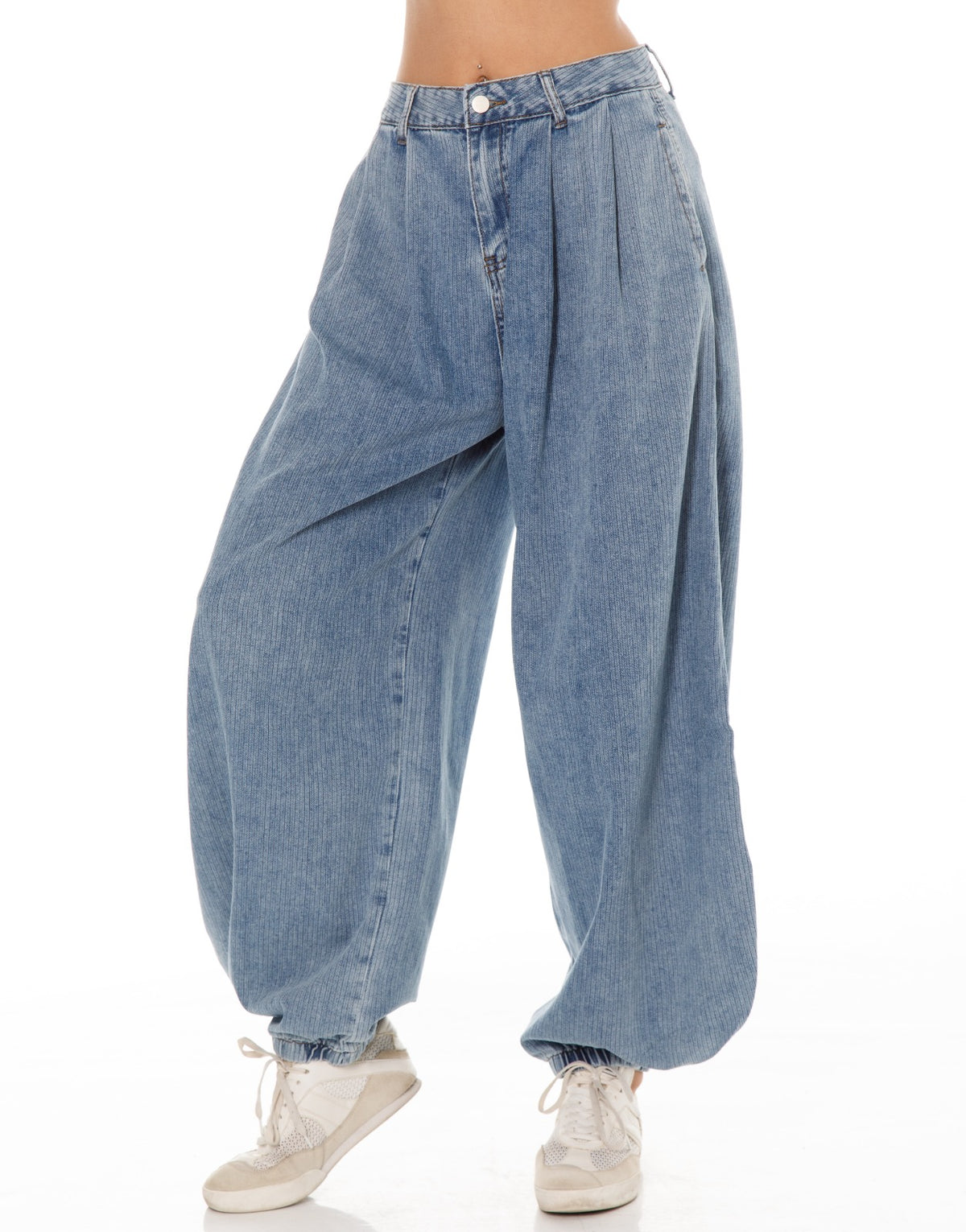 Pinstripe Denim Balloon Pants - Light Blue