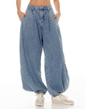 Pinstripe Denim Balloon Pants - Light Blue