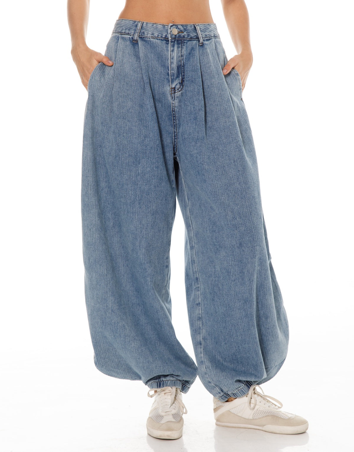 Pinstripe Denim Balloon Pants - Light Blue