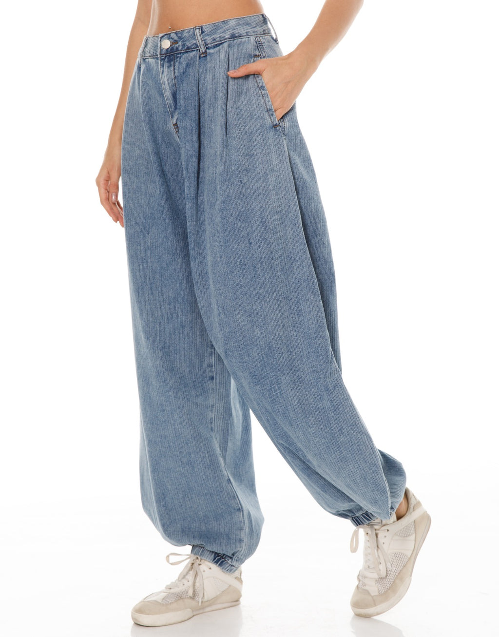 Pinstripe Denim Balloon Pants - Light Blue