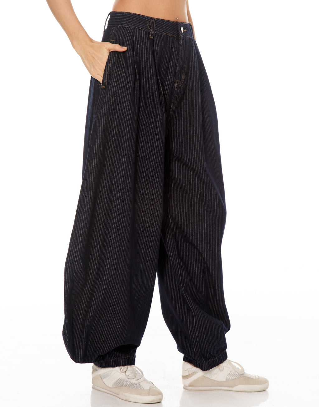 Pinstripe Denim Balloon Pants - Royal Blue