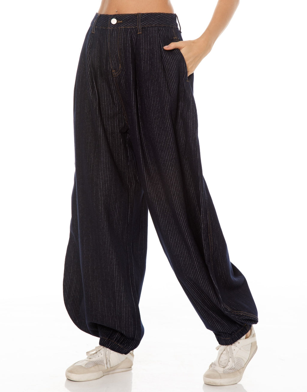 Pinstripe Denim Balloon Pants - Royal Blue