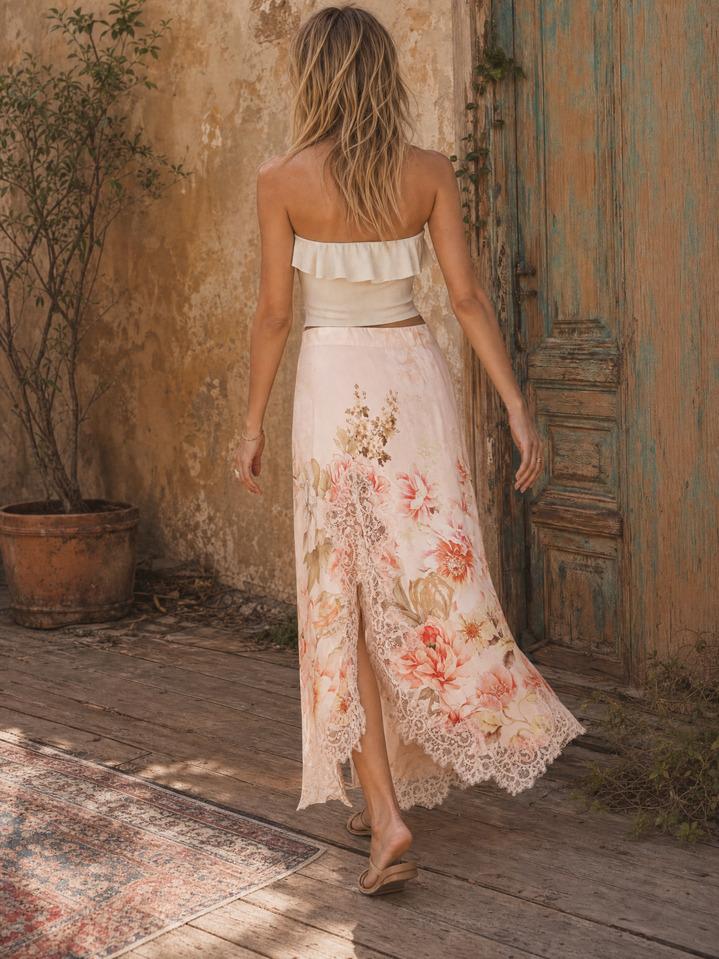 Strapless Top And Floral Skirt - Pink