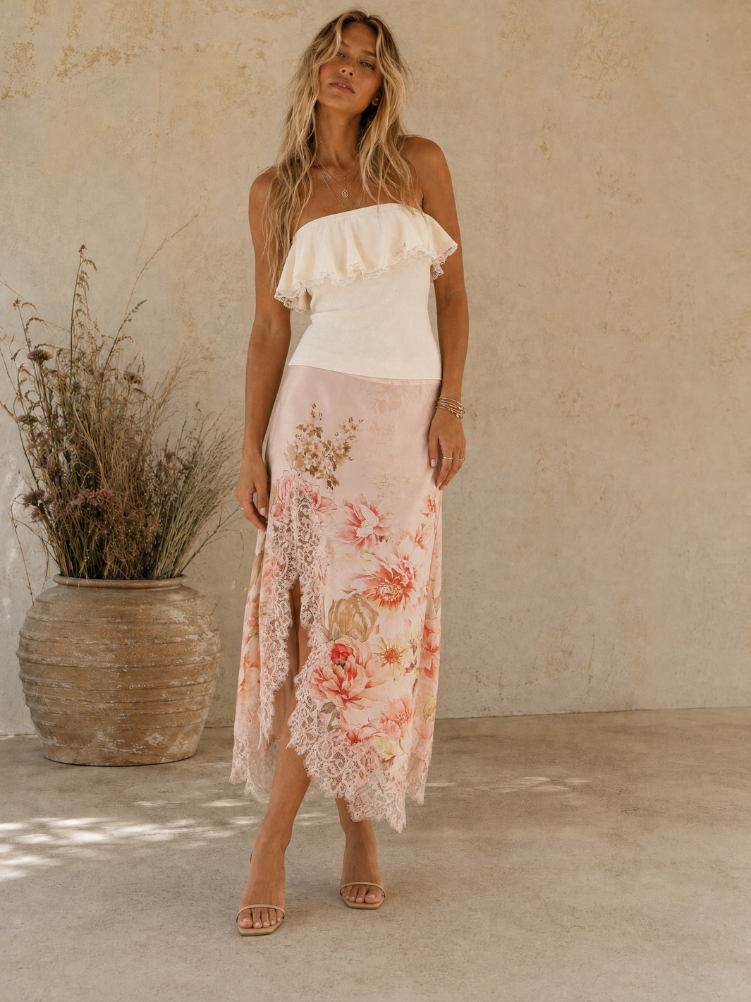 Strapless Top And Floral Skirt - Pink