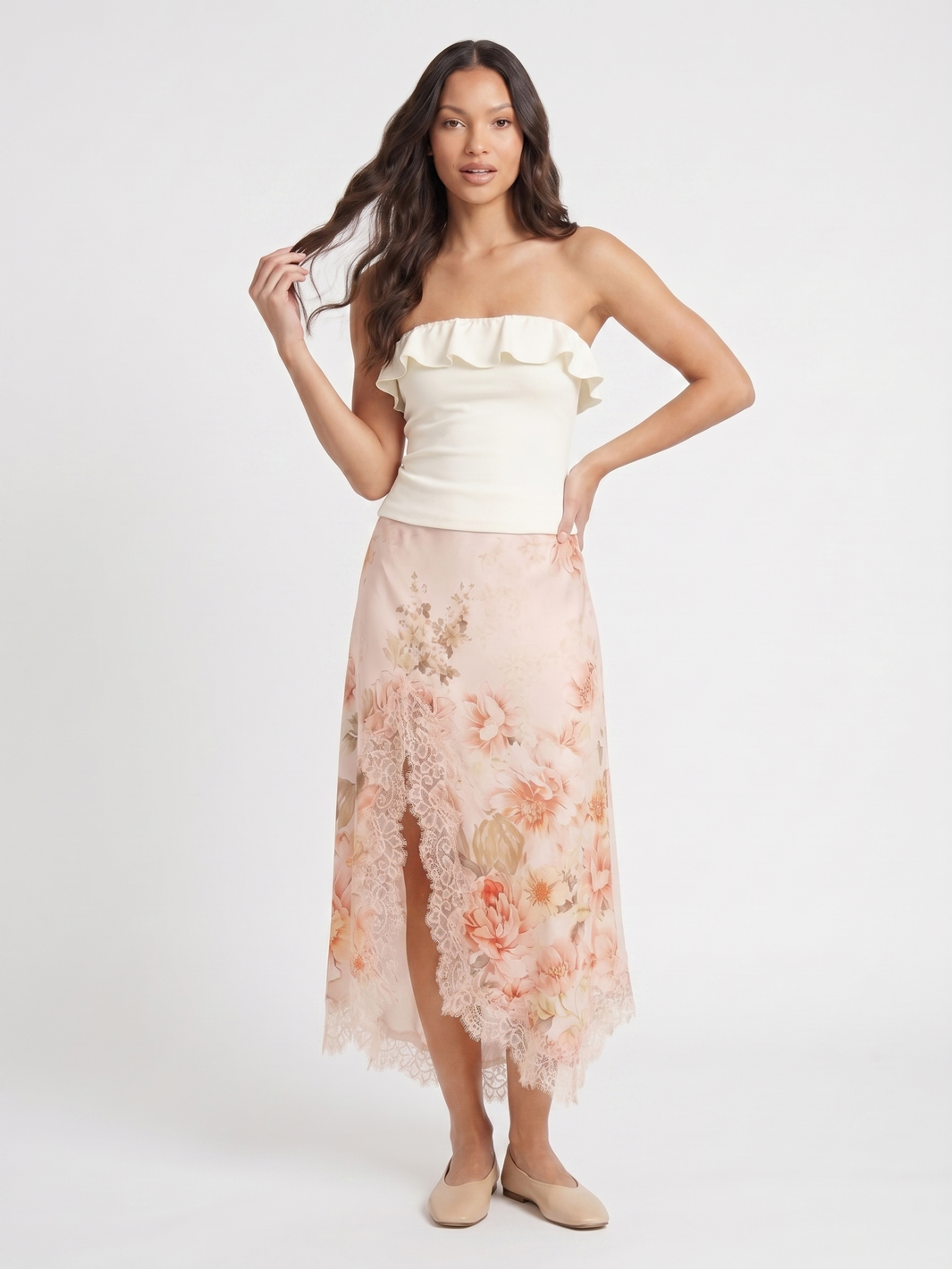 Strapless Top And Floral Skirt - Pink