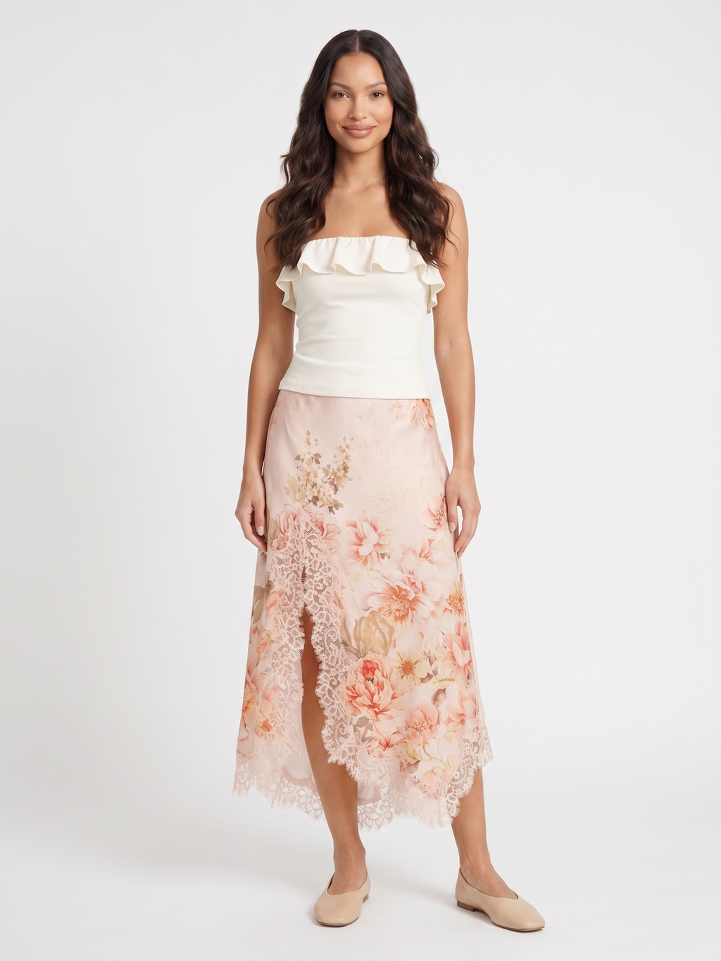 Strapless Top And Floral Skirt - Pink