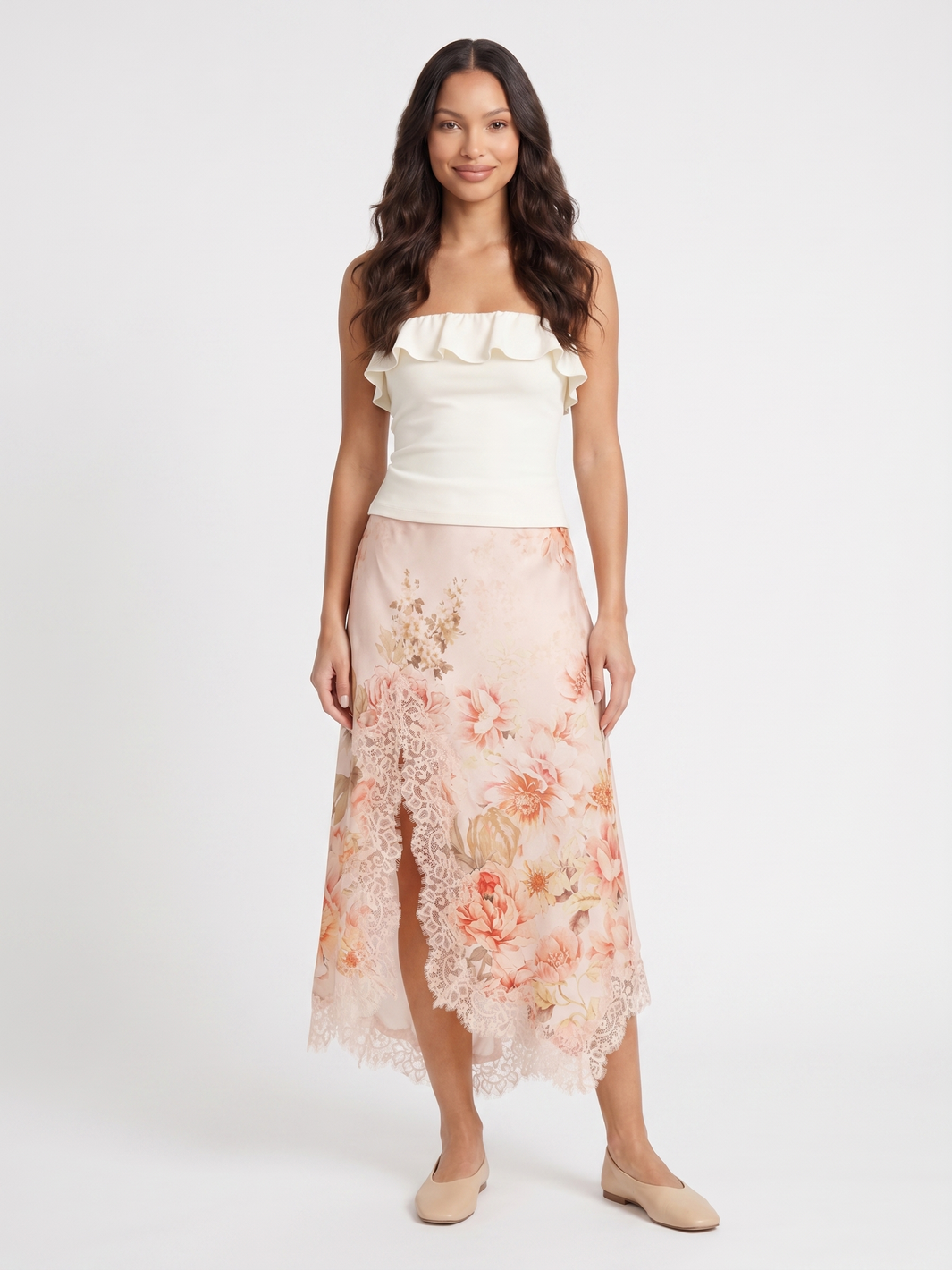 Strapless Top And Floral Skirt - Pink