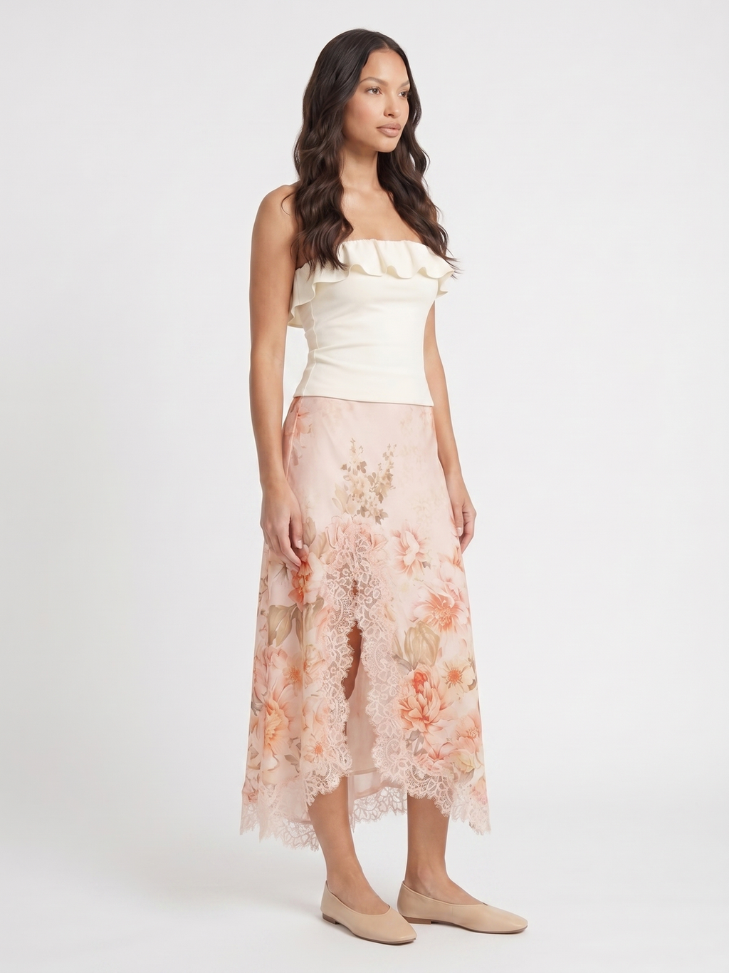 Strapless Top And Floral Skirt - Pink