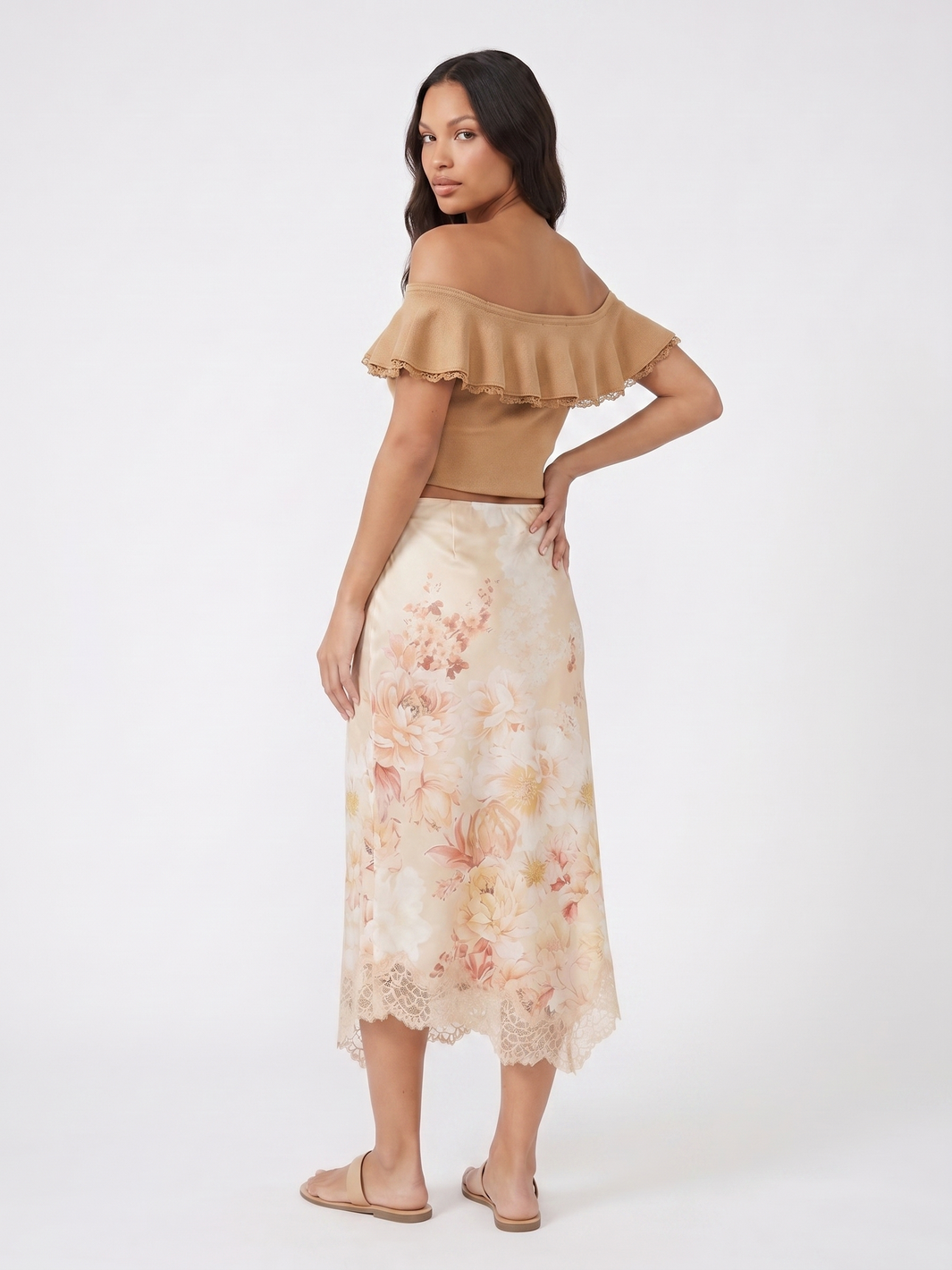 Off-Shoulder Crop Top And Floral Midi Skirt - Yellow