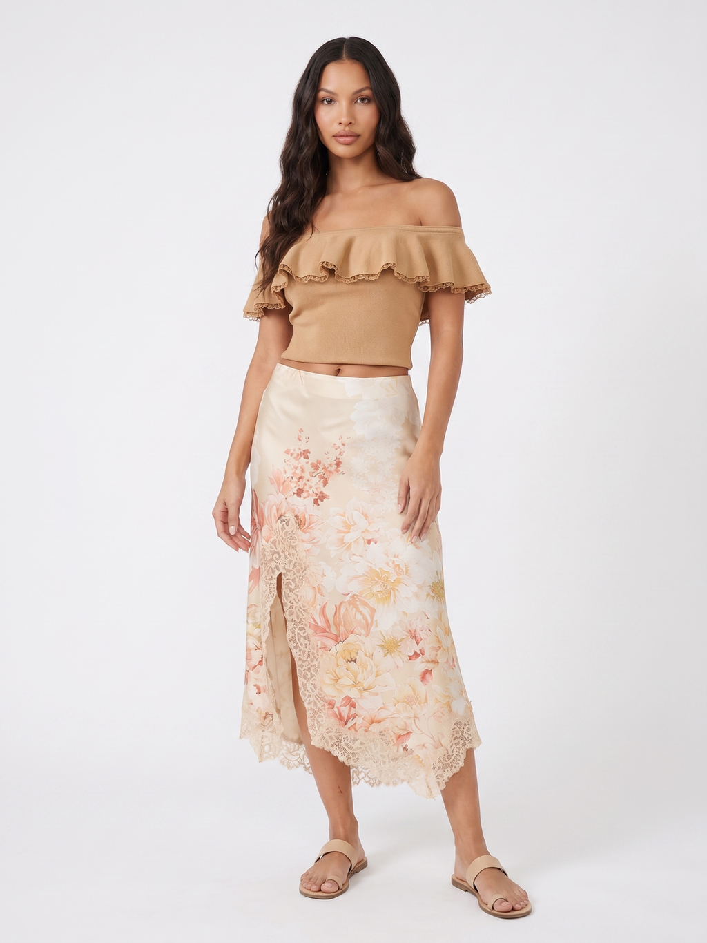 Off-Shoulder Crop Top And Floral Midi Skirt - Yellow