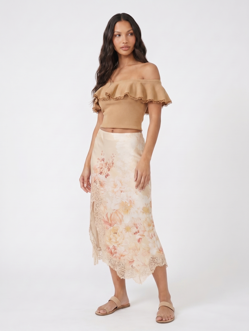 Off-Shoulder Crop Top And Floral Midi Skirt - Yellow