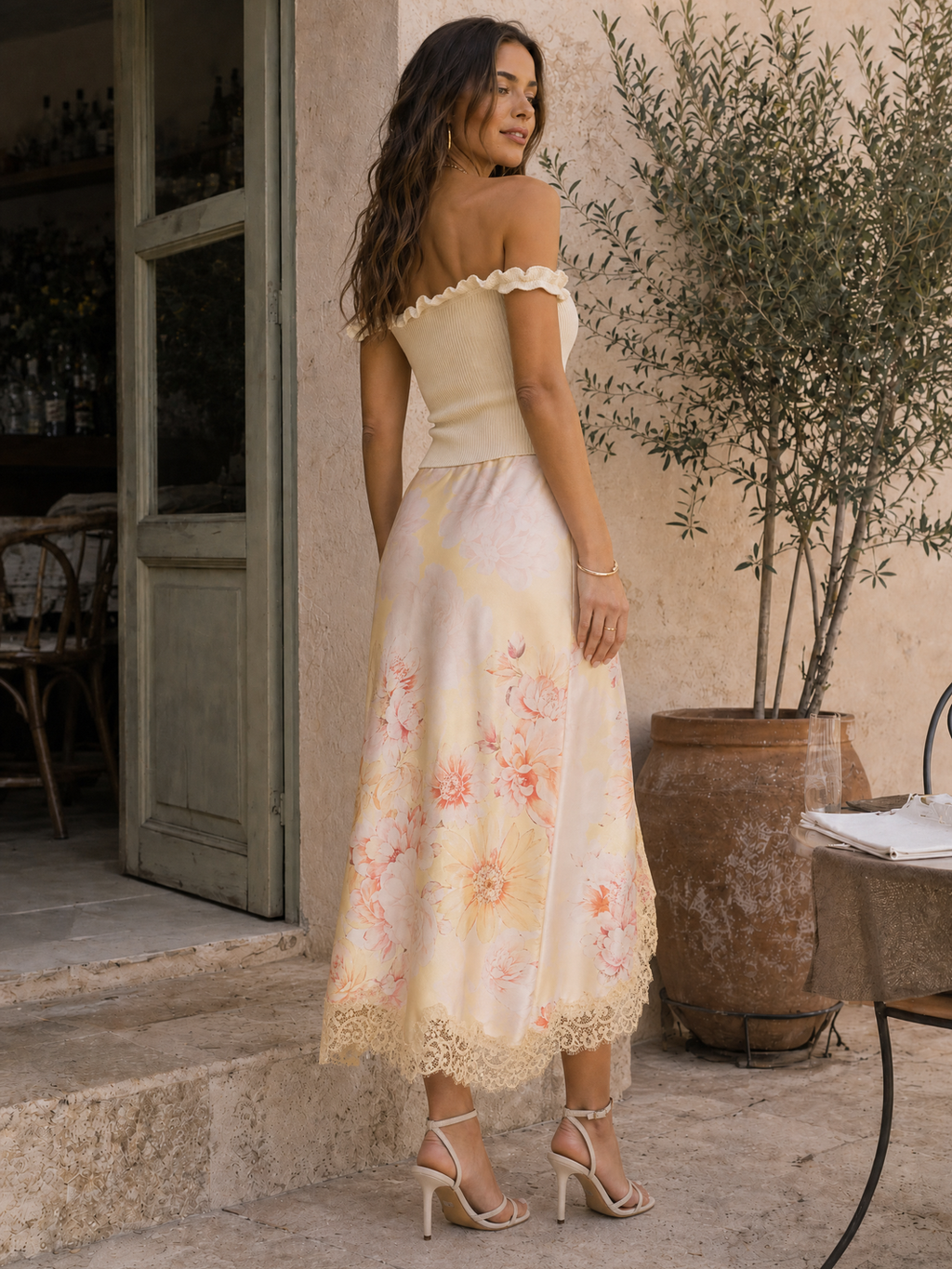 Off Shoulder Top and Floral Skirt - Beige