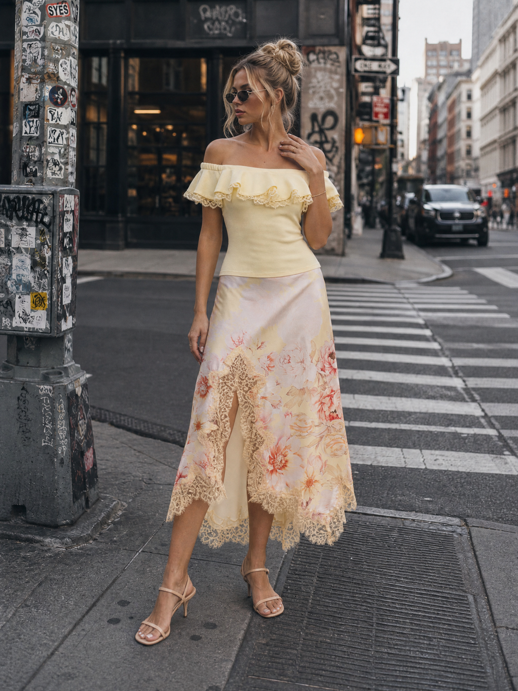 Off Shoulder Top and Floral Skirt - Beige