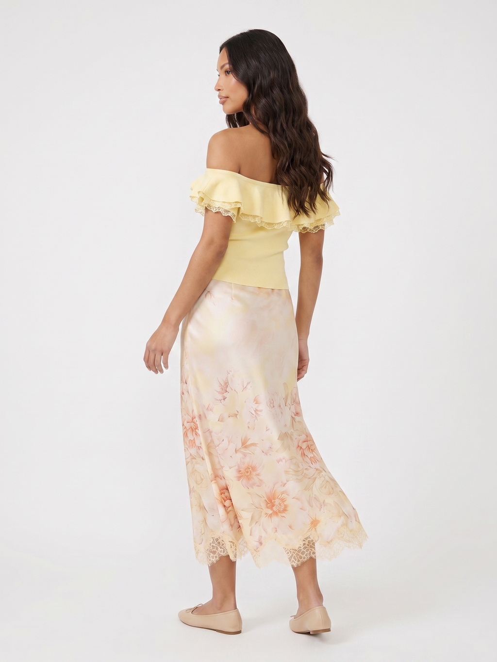 Off Shoulder Top and Floral Skirt - Beige