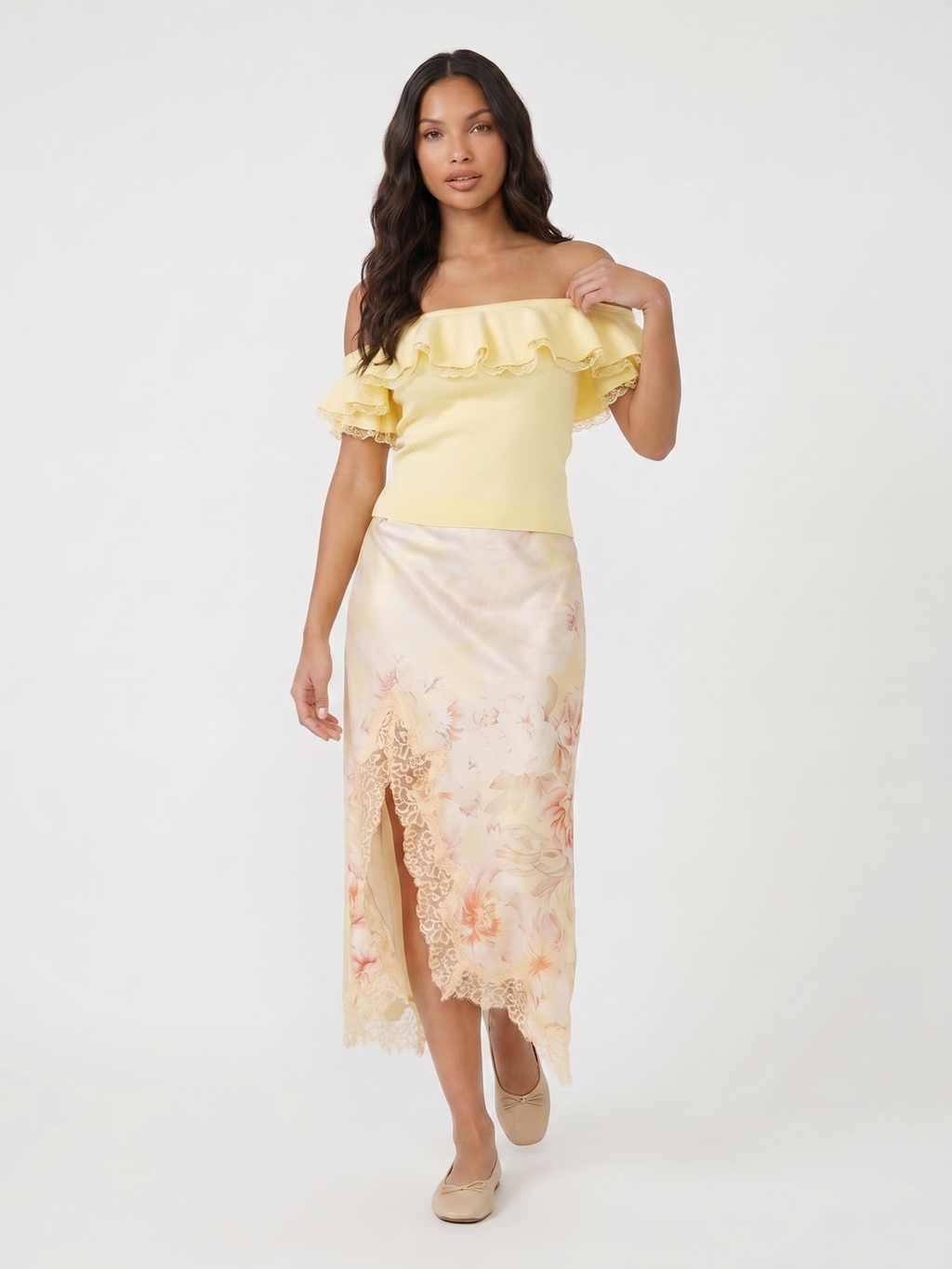 Off Shoulder Top and Floral Skirt - Beige
