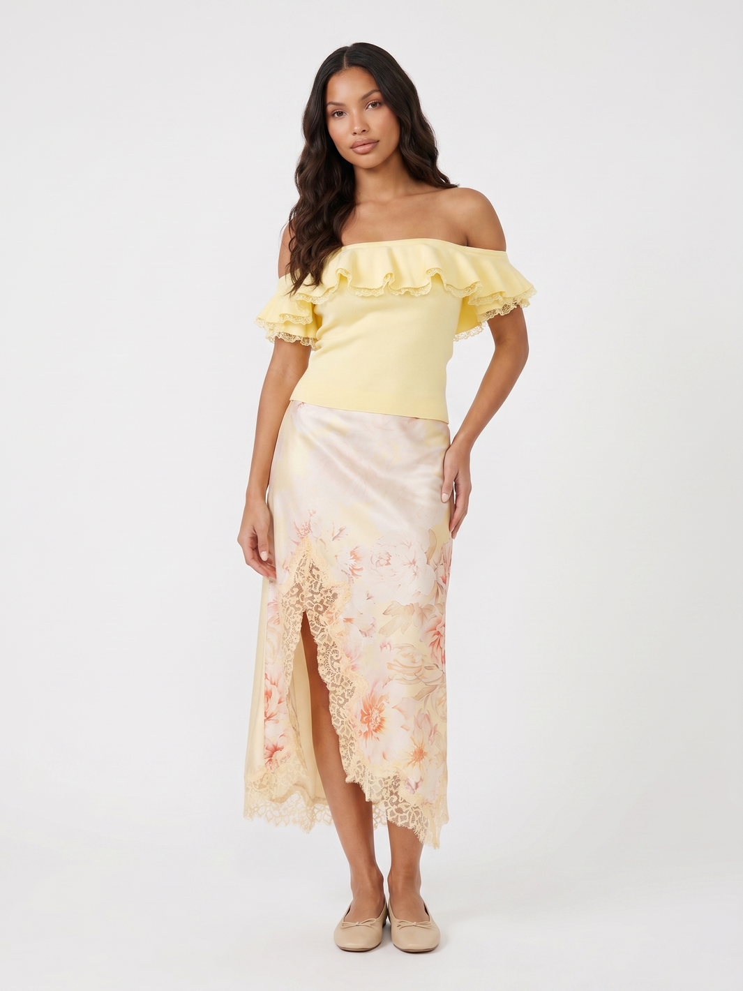 Off Shoulder Top and Floral Skirt - Beige