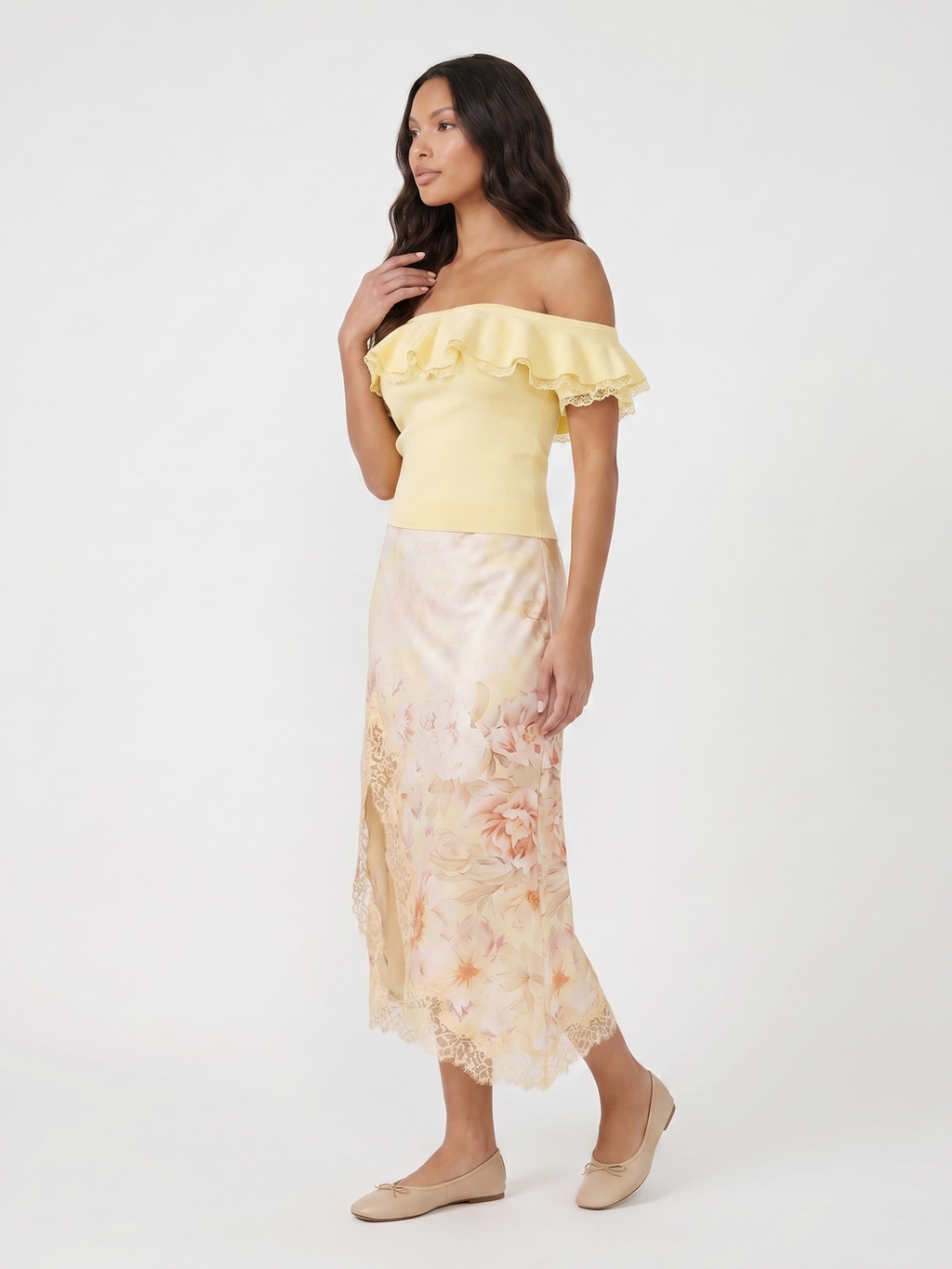 Off Shoulder Top and Floral Skirt - Beige
