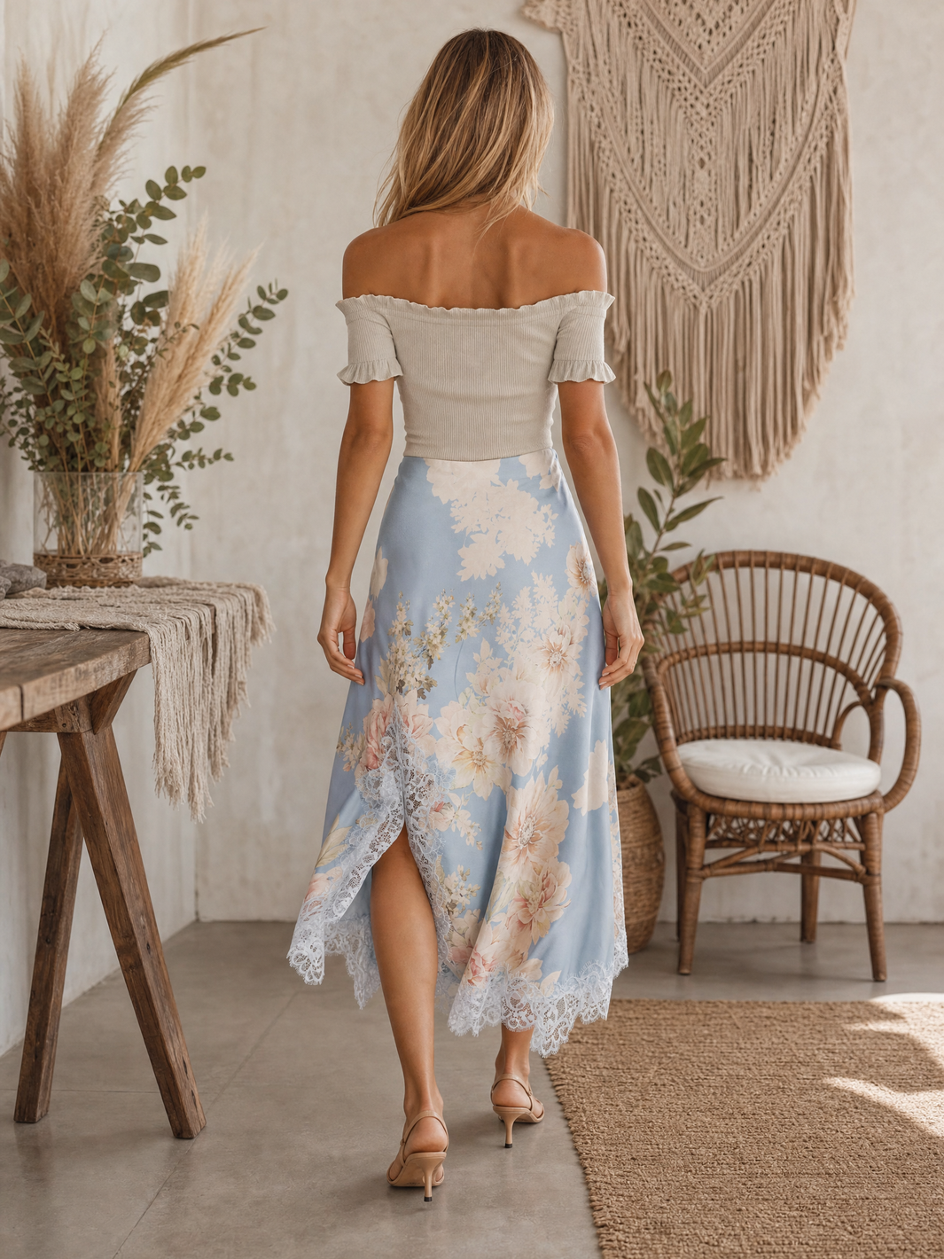 Off the Shoulder Top and Floral Skirt - Light Blue