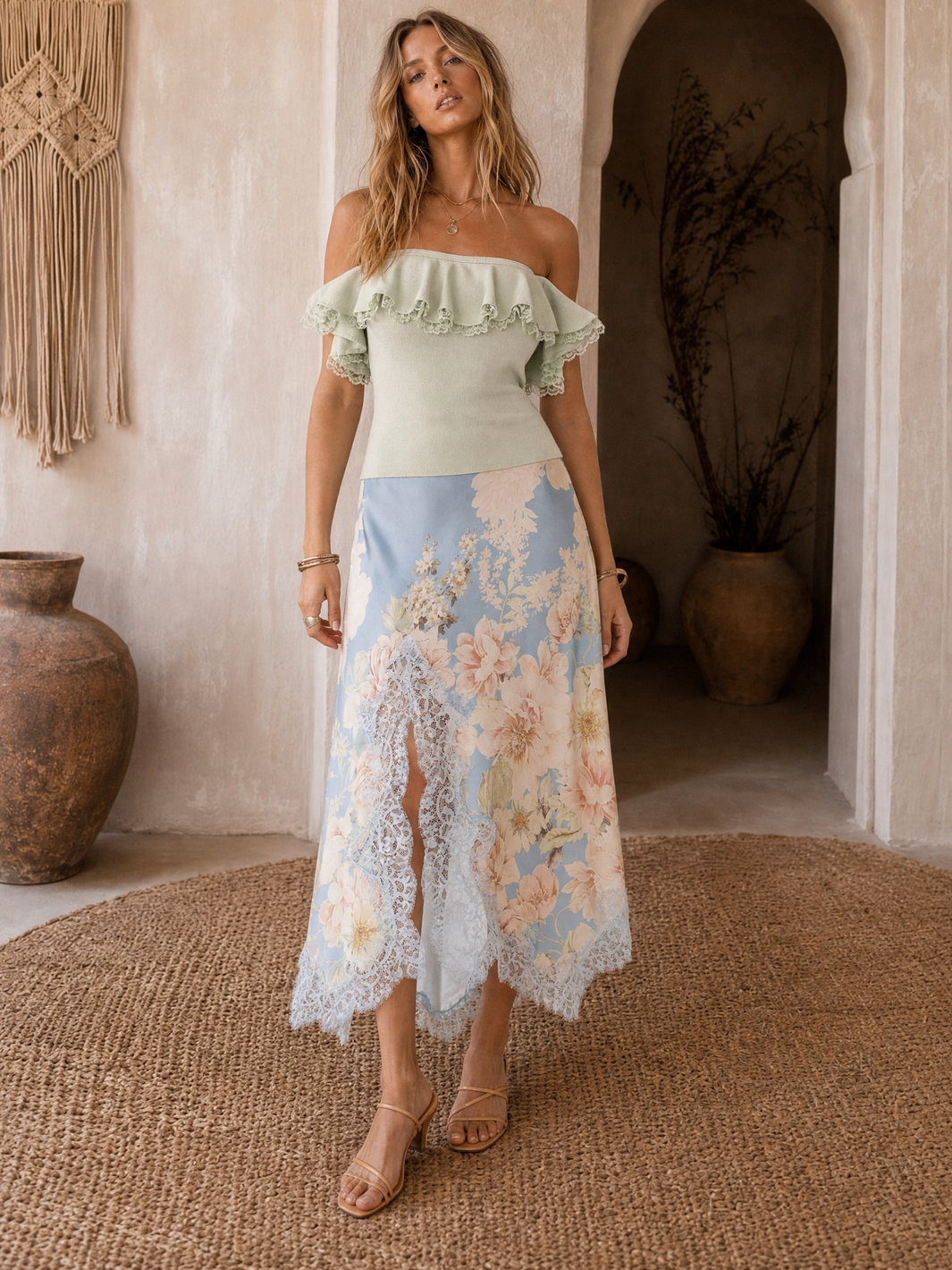 Off the Shoulder Top and Floral Skirt - Light Blue