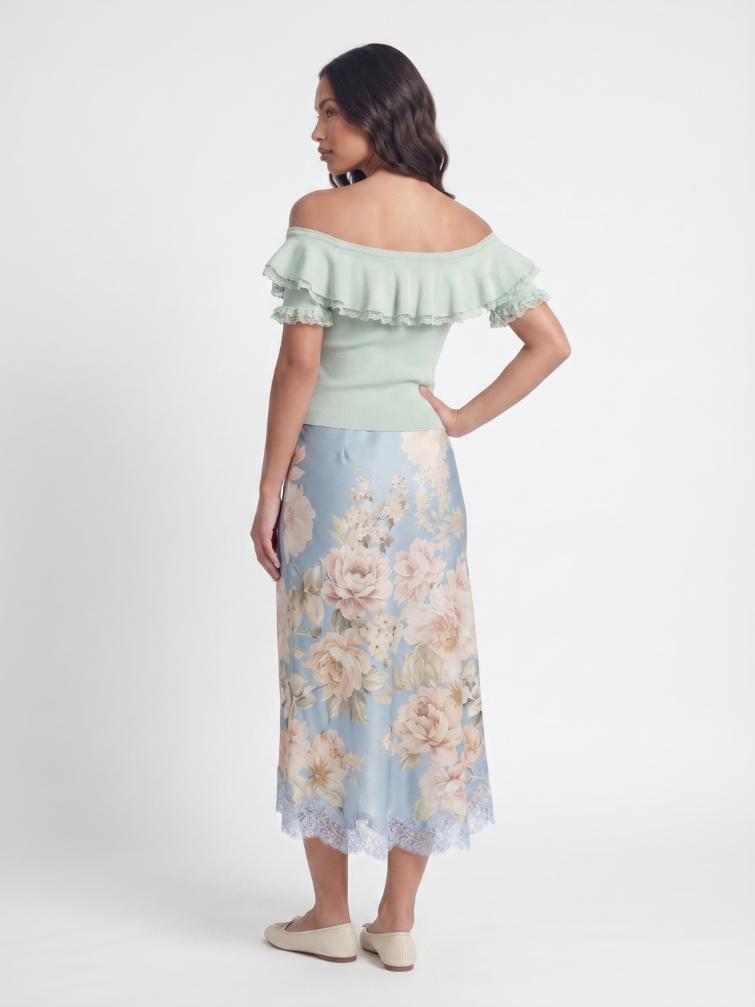 Off the Shoulder Top and Floral Skirt - Light Blue