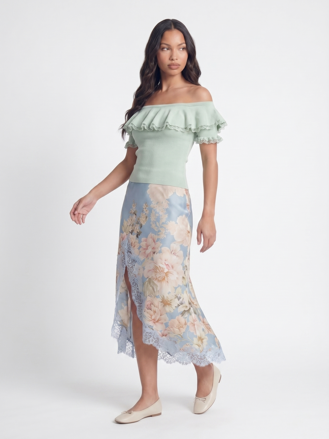 Off the Shoulder Top and Floral Skirt - Light Blue