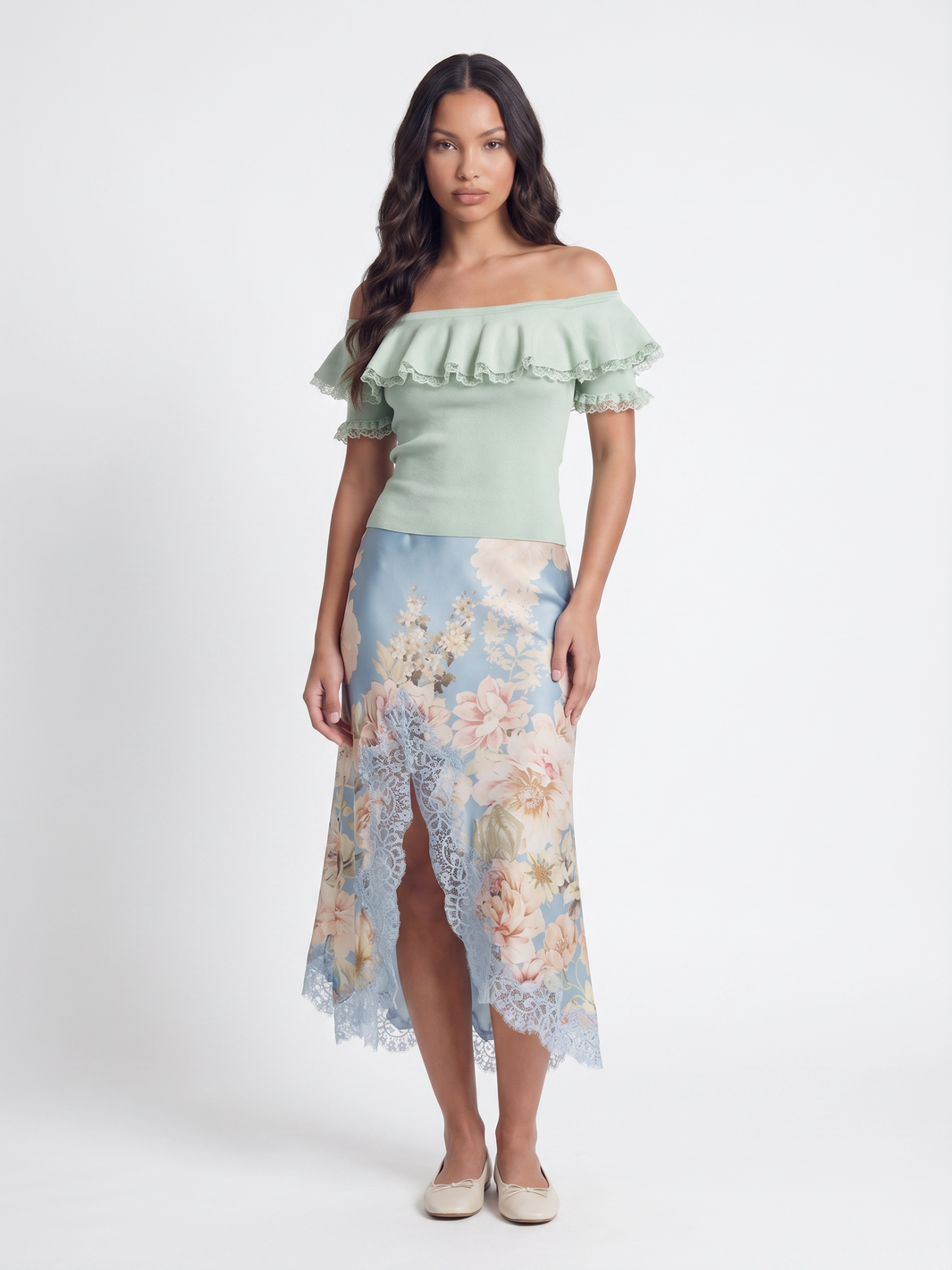 Off the Shoulder Top and Floral Skirt - Light Blue