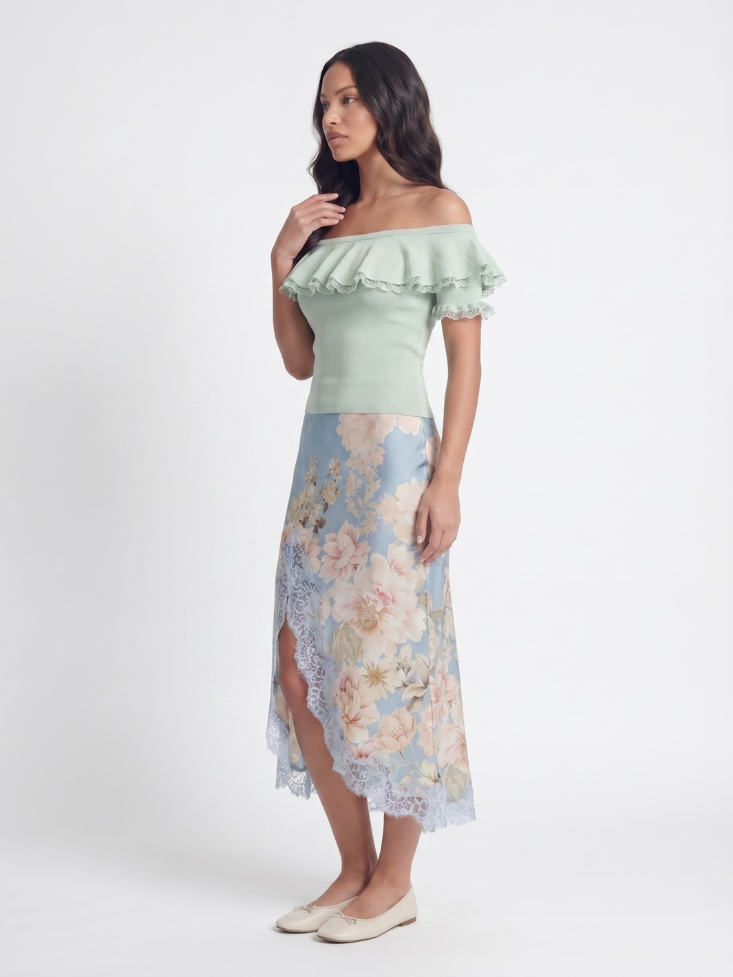 Off the Shoulder Top and Floral Skirt - Light Blue