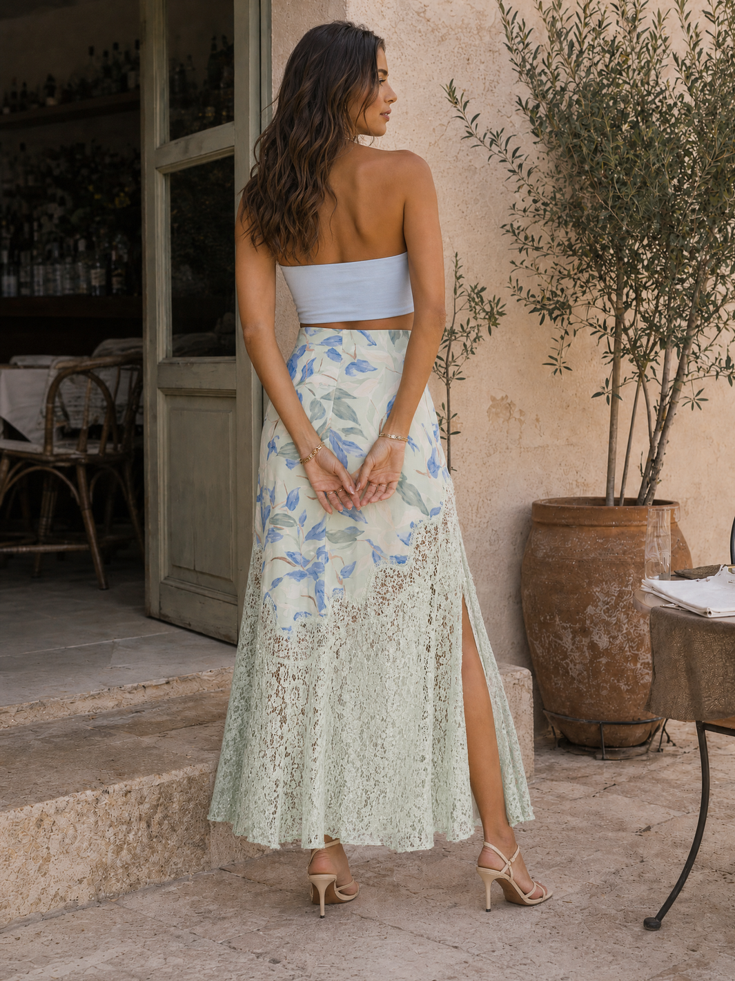 Strapless Crop Top And Floral Lace Skirt - Mint