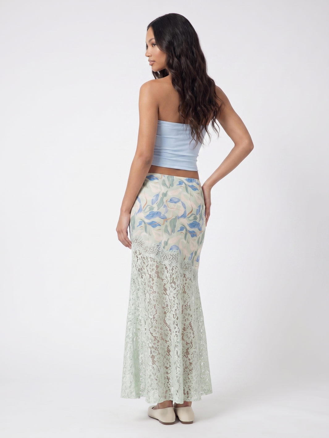 Strapless Crop Top And Floral Lace Skirt - Mint