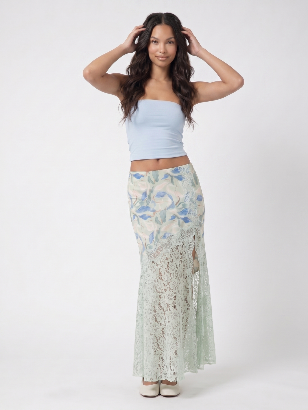 Strapless Crop Top And Floral Lace Skirt - Mint