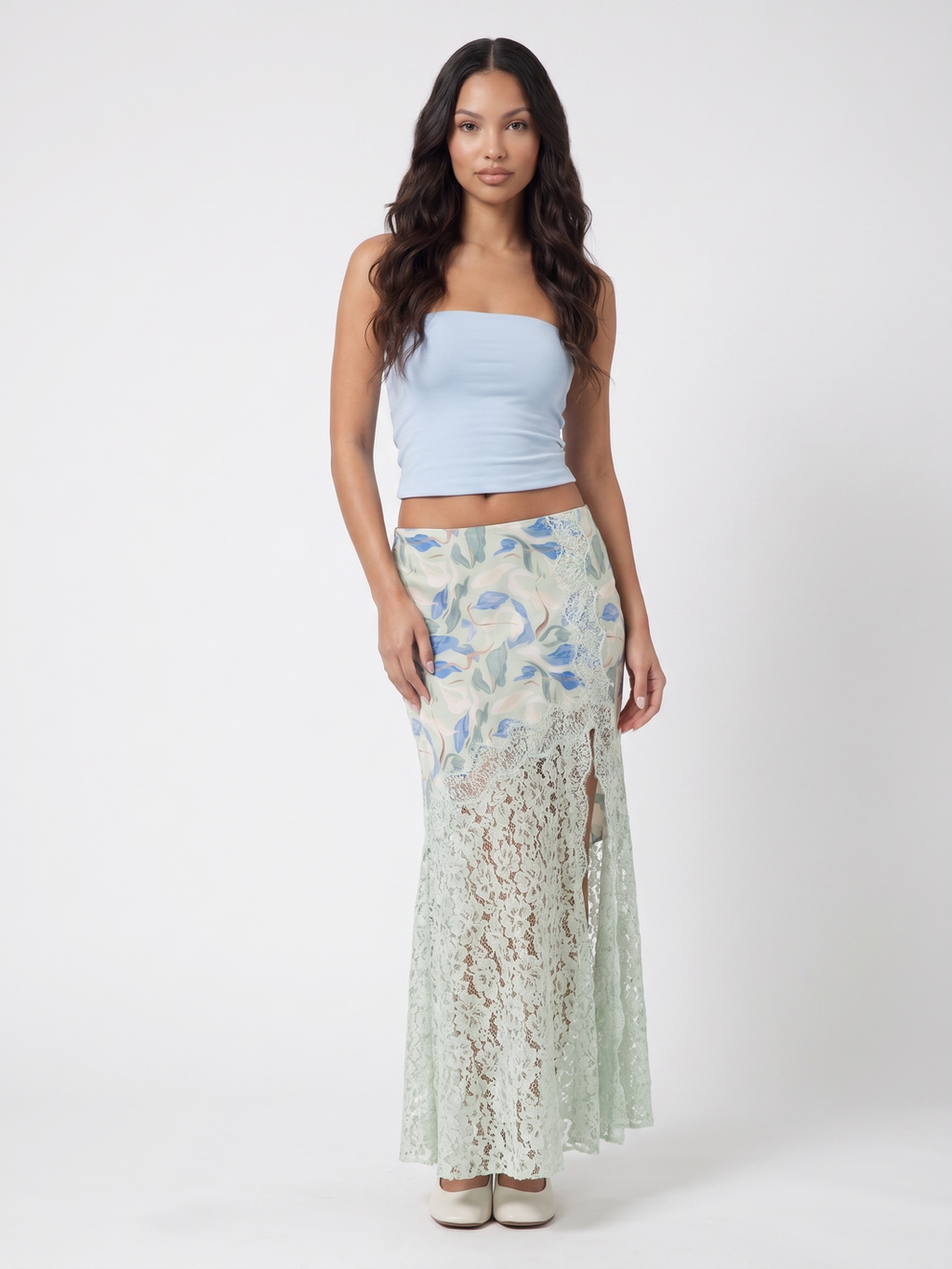 Strapless Crop Top And Floral Lace Skirt - Mint