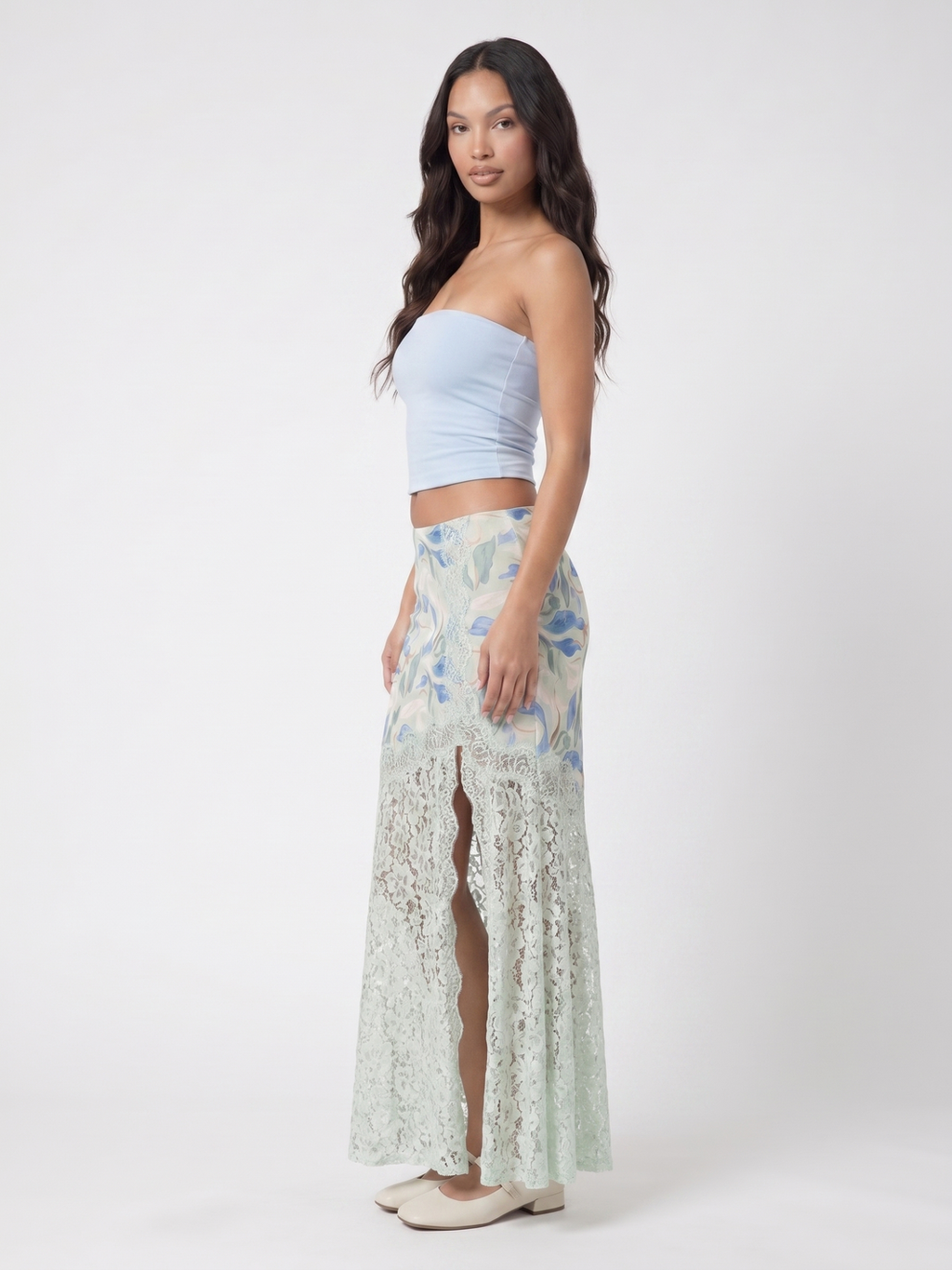 Strapless Crop Top And Floral Lace Skirt - Mint