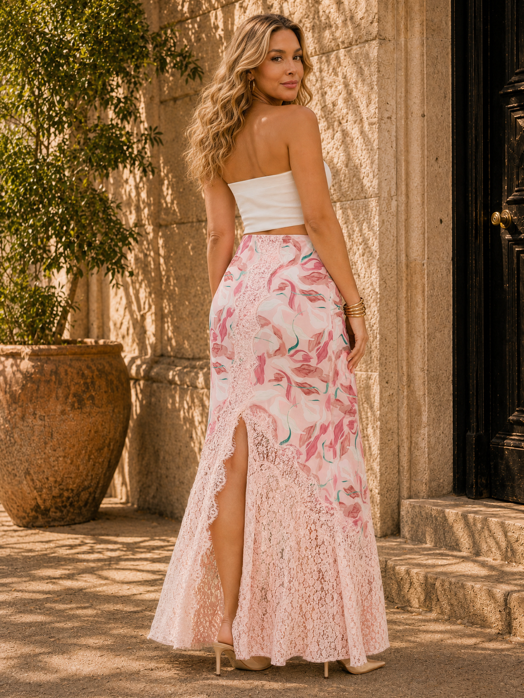 Strapless Crop Top And Floral Lace Skirt - Pink