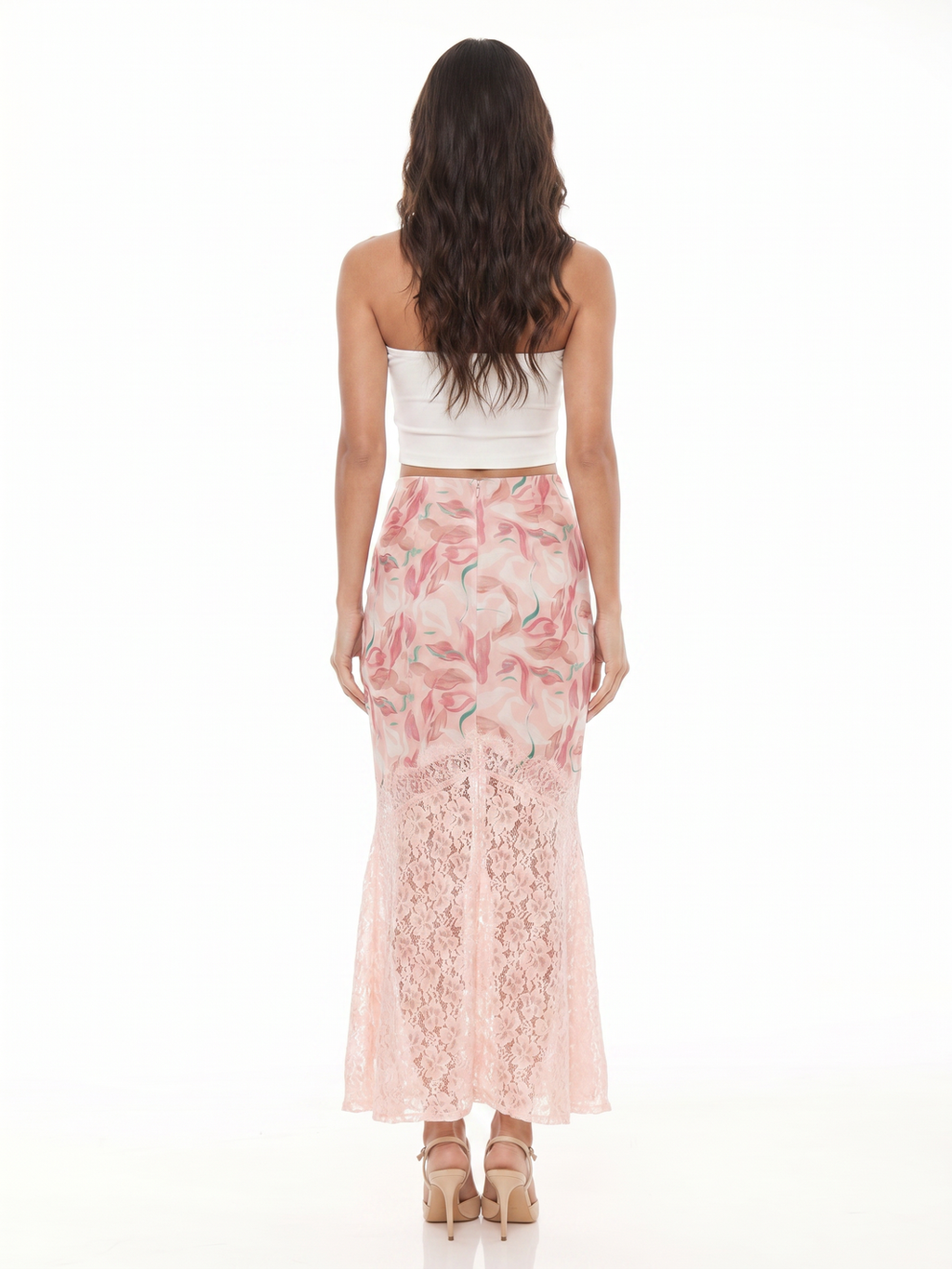 Strapless Crop Top And Floral Lace Skirt - Pink