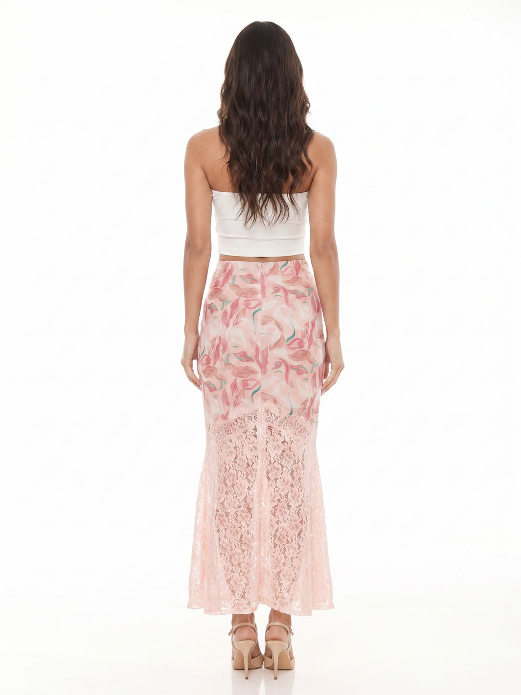 Strapless Crop Top And Floral Lace Skirt - Pink