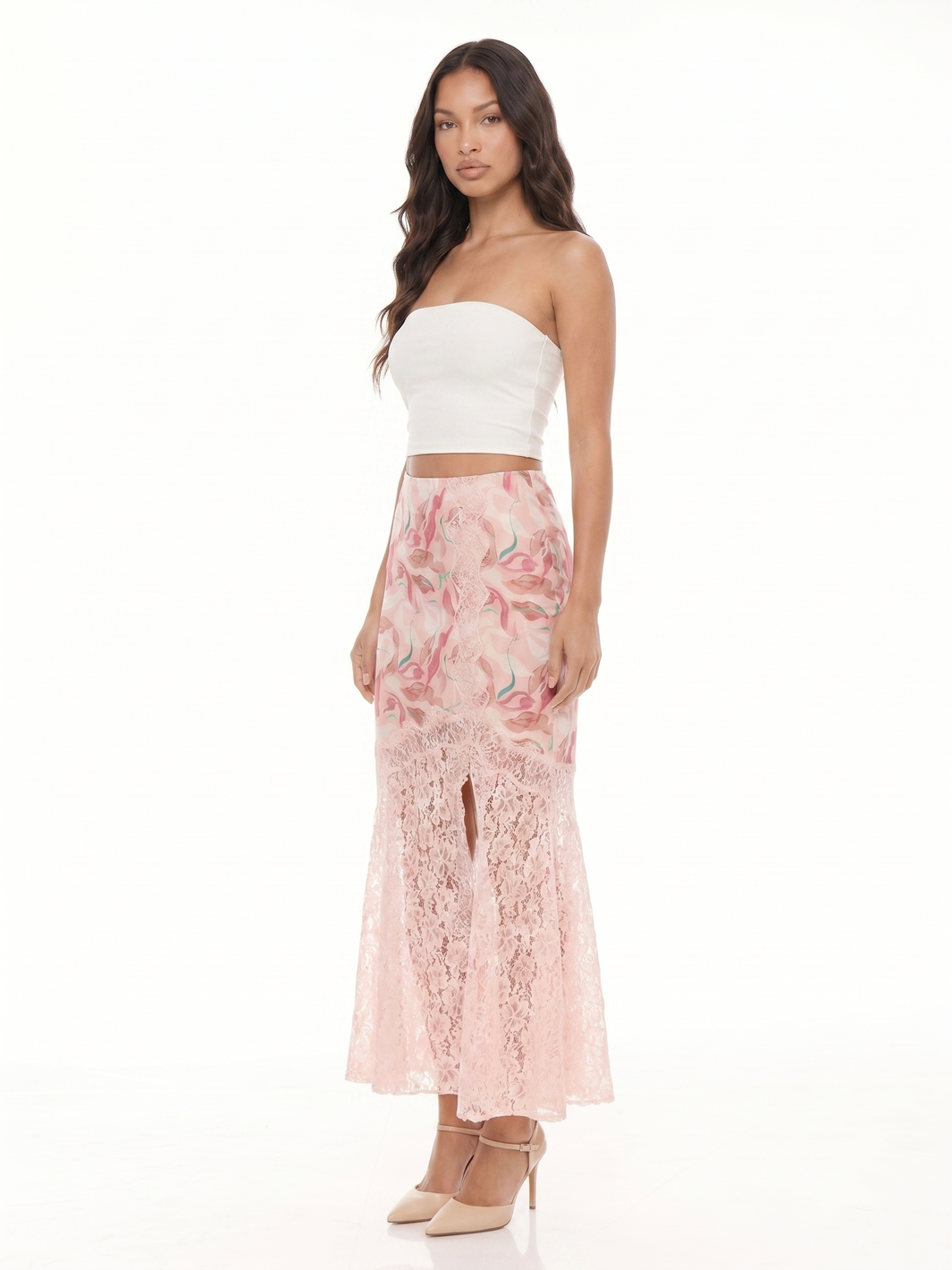 Strapless Crop Top And Floral Lace Skirt - Pink