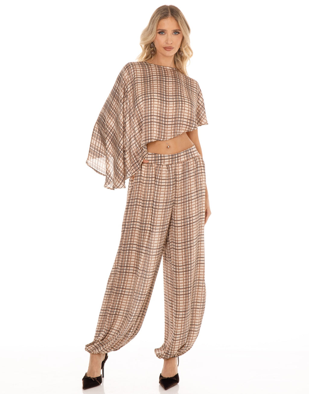Plaid Cape Top and Pants Matching Set - Brown