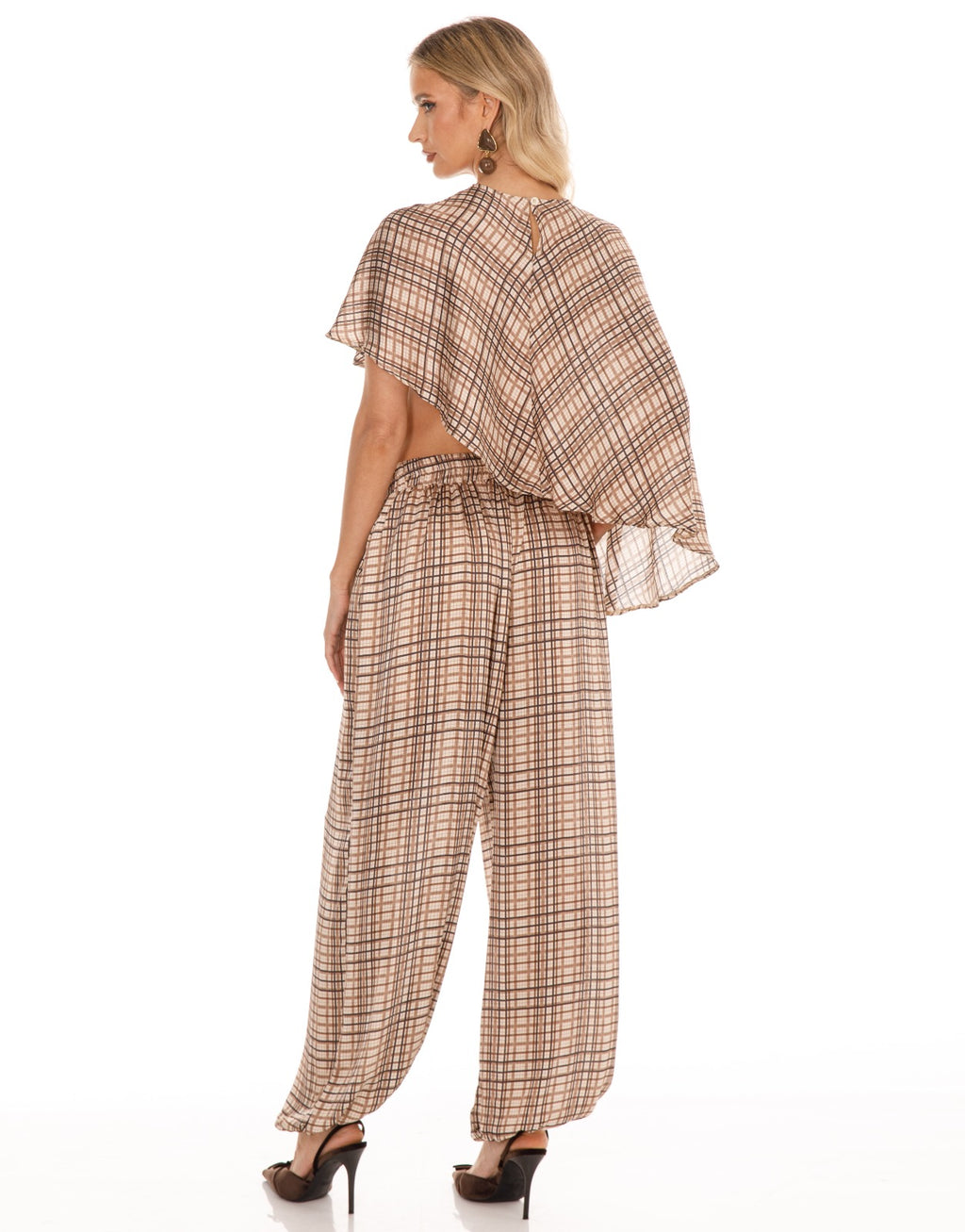 Plaid Cape Top and Pants Matching Set - Brown