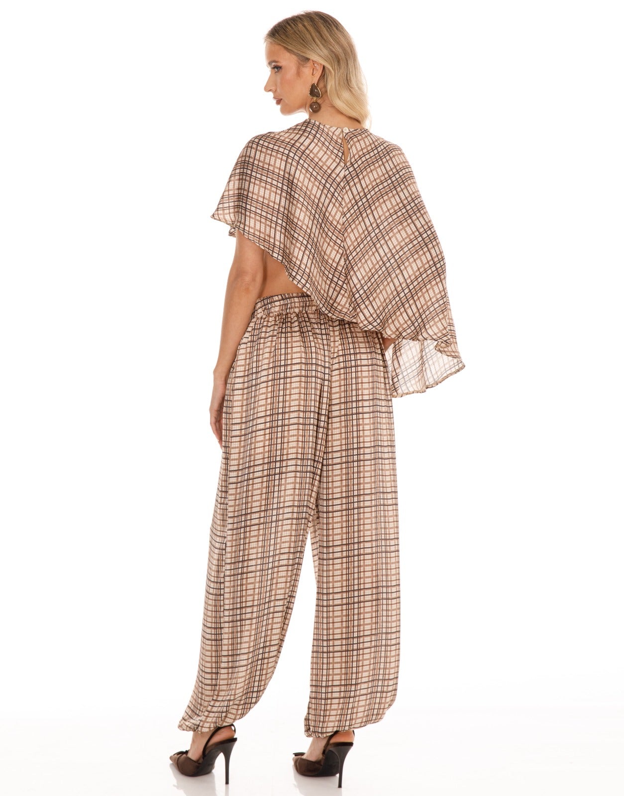 Plaid Cape Top and Pants Matching Set - Brown