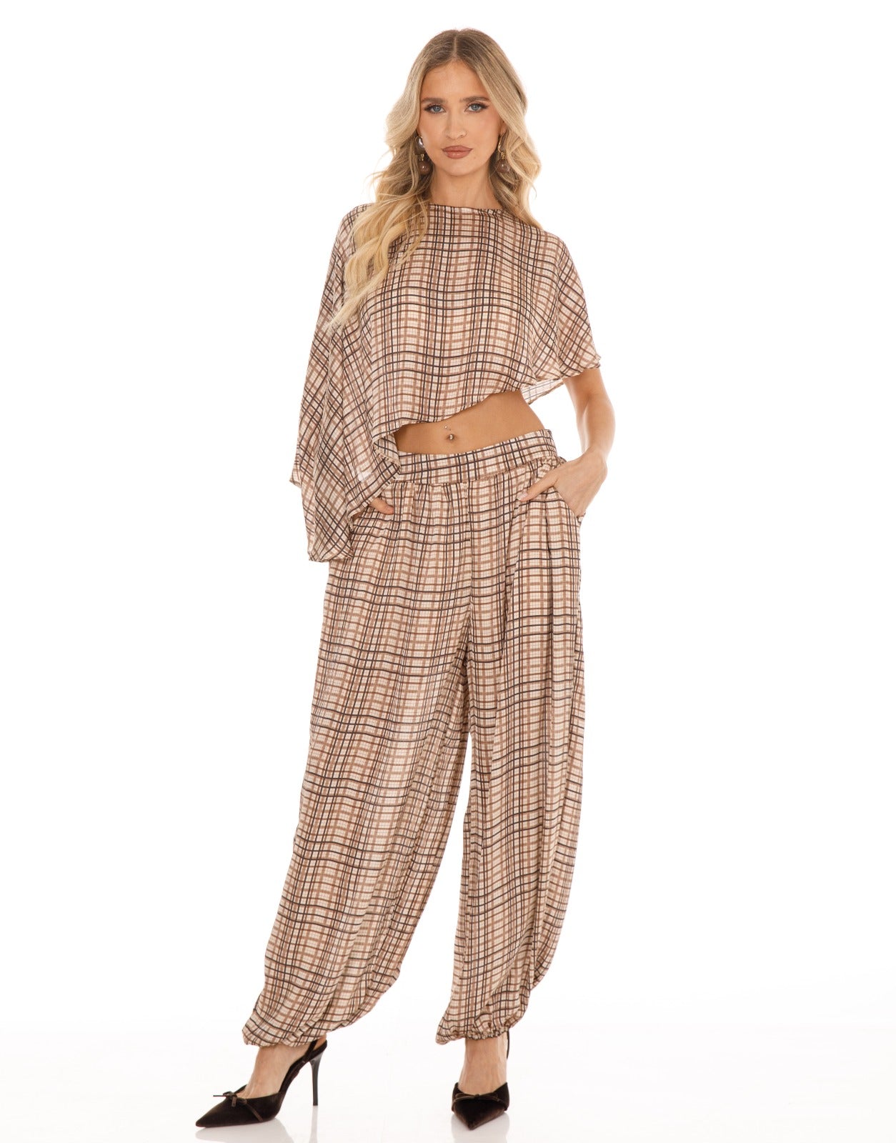 Plaid Cape Top and Pants Matching Set - Brown