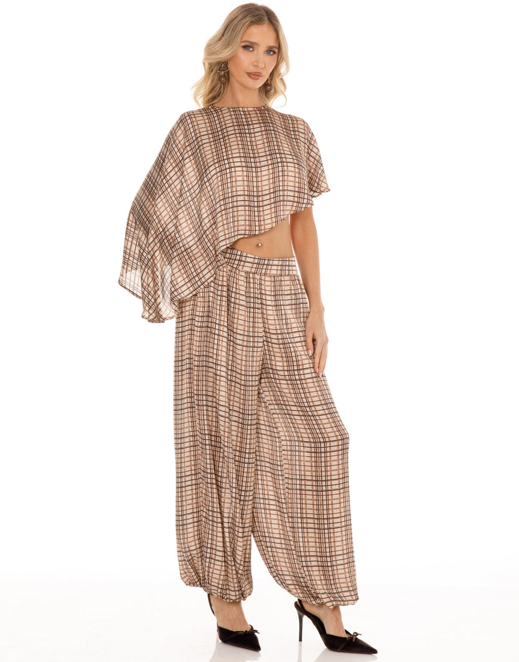 Plaid Cape Top and Pants Matching Set - Brown