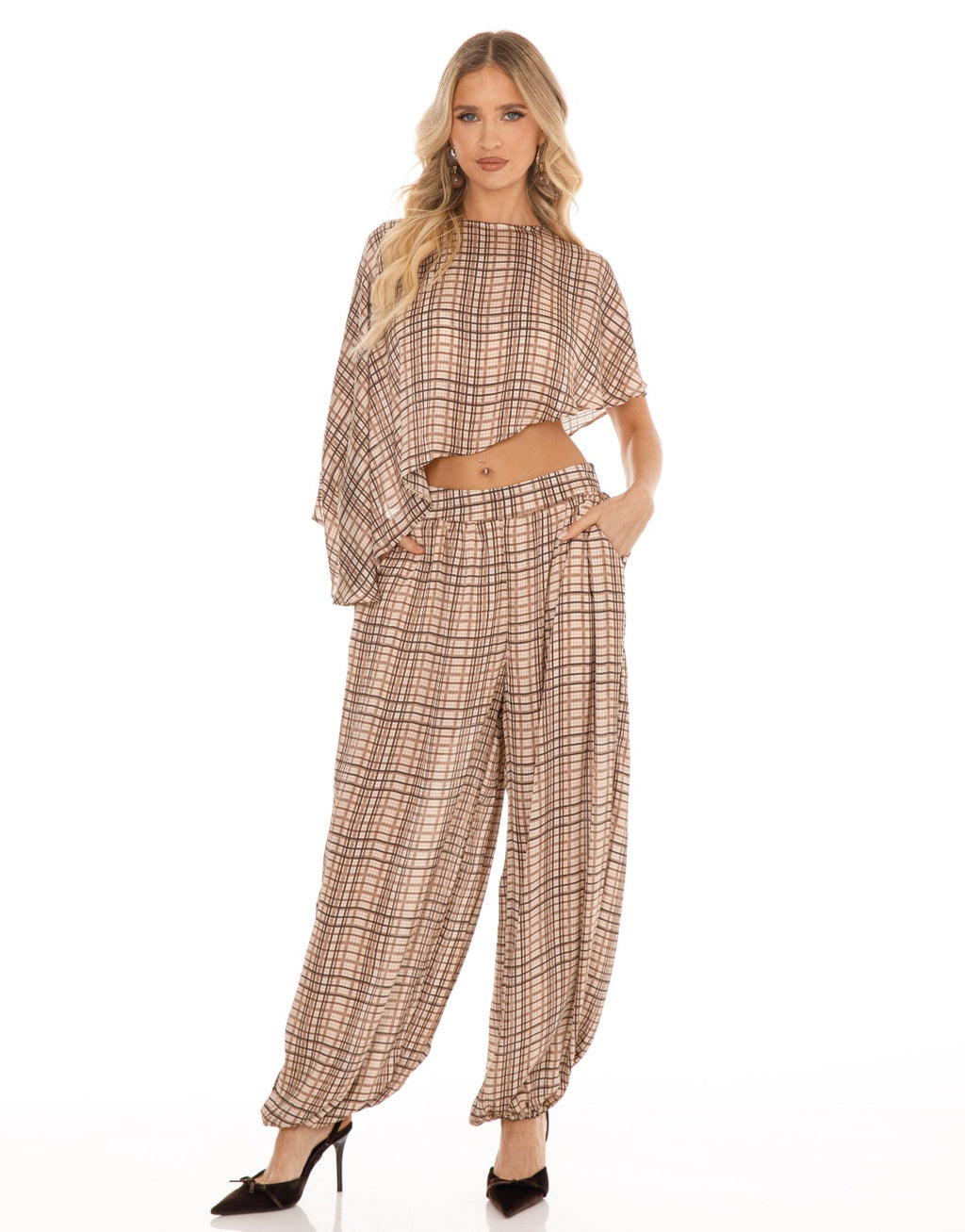 Plaid Cape Top and Pants Matching Set - Brown