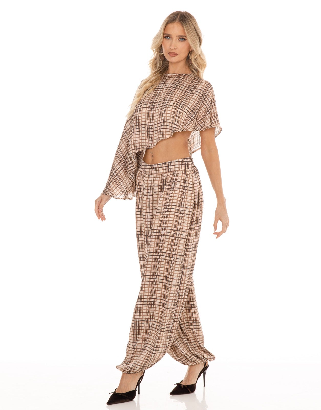Plaid Cape Top and Pants Matching Set - Brown